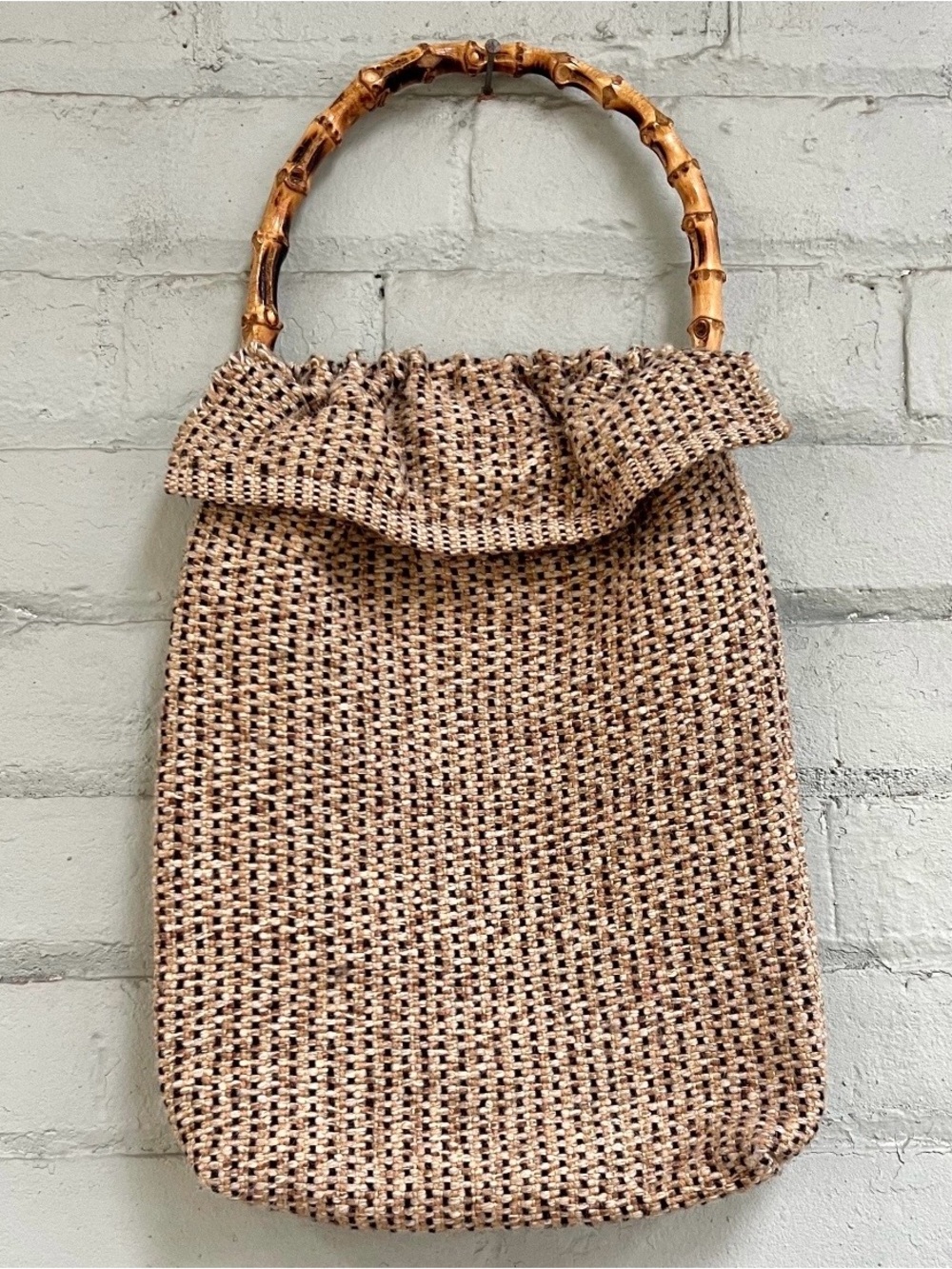 Vintage Handmade Tan Woven Tote with Bamboo Handle